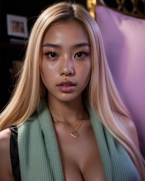 a young Asian woman, 20 years old, black blouse, long platinum hair, black eyes, full lips, light makeup, highly detailed facial features, freckles, fair skin, sensual and delicate features, large breasts, Necklace Golden, piercing golden nose, big boobs (...