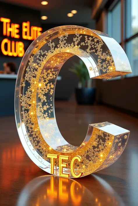 C 3D render of a large glass letter "C" with the name "TEC" written in golden 3D lettering on the bottom. The glass letter is filled with water, which creates a mesmerizing effect as it reflects light. The water is adorned with Daisy, Aster, Autumn Crocus,...