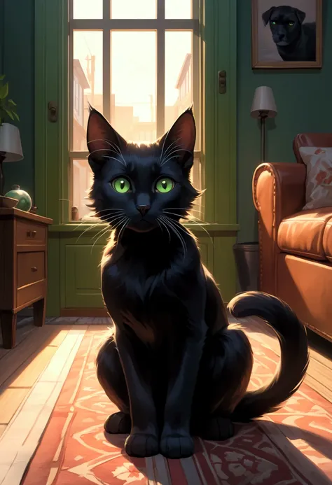 

Whiskers, a sleek black cat with bright green eyes, is sitting in a cozy living room with a large window that looks out onto a busy street. The warm, natural light streaming through the window highlights Whiskers' shiny fur as she gazes out the window wi...