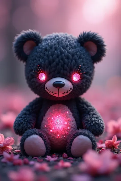 A little black teddy bear,  with a crooked smile and eyes sewn with shiny thread, Filled with blossoming pink ink,  pink and purple 