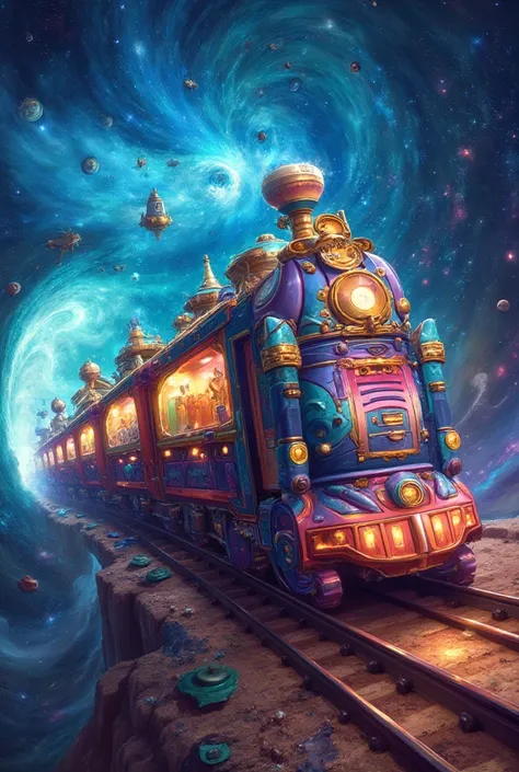 A cute,illustrated train resembling R2-D2,traveling through time and space.The train is vibrant and colorful,with whimsical designs and futuristic elements.The background features a swirling galaxy with stars and cosmic phenomena,emphasizing the theme of t...