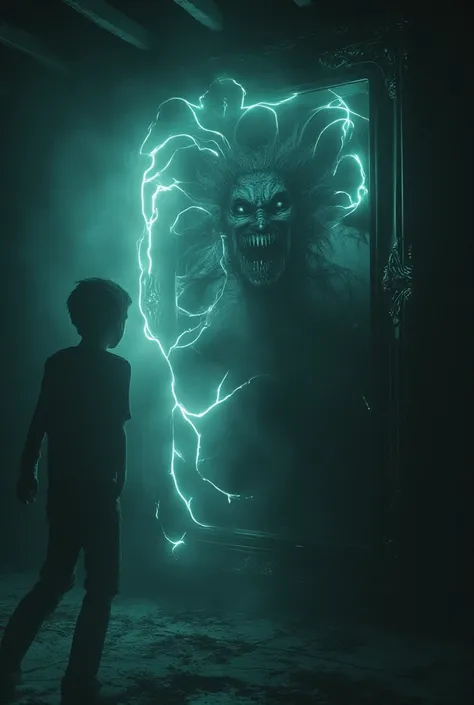 "Generate an image of an attic mirror beginning to glow with an unnatural light. The reflection in the mirror distorts into a sinister grin while the real boy recoils in terror. The scene is charged with supernatural energy, with dynamic lighting and swirl...