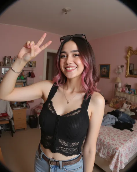 A fish-eye lens photo of a teenage Korean lady with black pink long hair taking a selfie in a room with a kitsch mood. She is wearing a Black sleeveless top with cut-out details and sunglasses on her head. She is holding a jacket or some sort of clothing i...