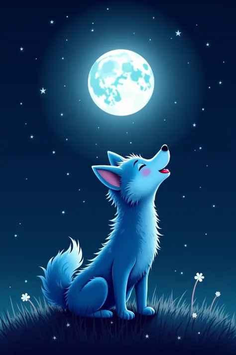 I want a cute wolf that is howling blue,  behind the wolf I want a moon and the background all black, I want the image to be more drawing