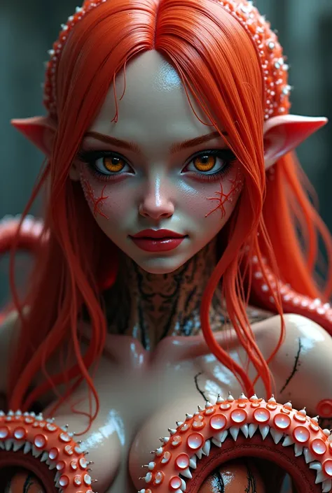  Octopus woman ,  full body,  red hair up to the shoulder,  straight and full hair ,  brown eyes,  full lips, wild look, Long nails,  white tentacles , metallic,  face with cut ,  exposed and sharp teeth ,  high definition , 3d, Ciber sexy 
