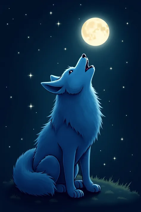 I want a cute wolf that is howling blue,  behind the wolf I want a moon and the background all black, I want the image to be more drawing