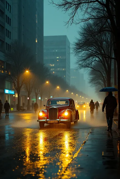  Cityscape at night in the rain ,  with yellow lights reflecting on the wet pavement.  An old car passes , create a trail of water ,  and several people in raincoats walk in a hurry .  Distant translucent high-rise buildings ,  wet trees .