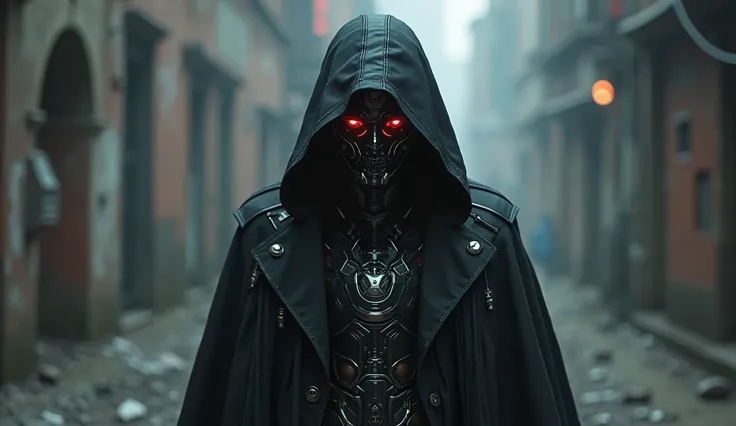 gothic cyberpunk male character, hooded, futuristic metallic mask with white details, red glowing LED eyes, long black coat with technological touches (no mouth showing)