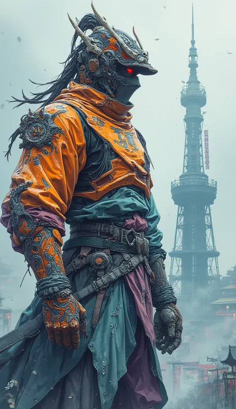 Create watercolor splash art style. A ninja male. Complete with sophisticated and futuristic armor. With unique dragon carvings. Shining orange and mint purple colors. The clothes look great and strong. Standing on an iconic tower in Japan. Looks beautiful...