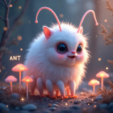 **Image Prompt:**

Imagine a small, fluffy creature named **"ANT"**, inspired by an ant but reimagined as an exaggeratedly cute yet slightly unsettling being. Its body is covered in soft, velvety fur that resembles cotton candy, shimmering with a delicate,...