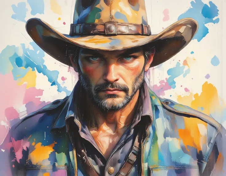 Create a bold and expressive portrait of a cowboy wearing a wide-brimmed hat that casts dramatic shadows over their face, evoking a sense of rugged mystery and confidence. Use thick, textured brushstrokes and a rich, layered color palette dominated by cool...