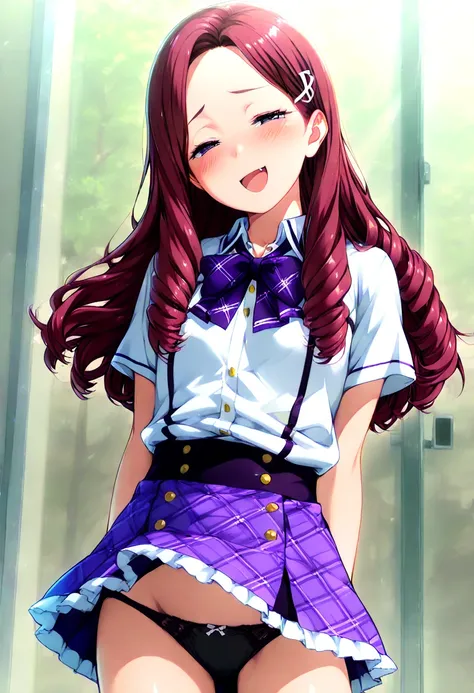  solo, small tit, JK, IDOL, (loli:1.2) (brond hair:1.5), long hair,short skirt, shirt, Standing, black panties, (smug smile, blush), (open mouth, half closed eyes)