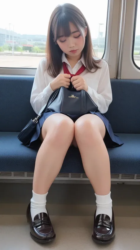 a beautiful young japanese schoolgirl sitting on a train seat, wearing a white blouse, red ribbon, sleepy, pleated navy blue skirt, white socks and loafers, holding a school bag, eyes closed, detailed cute face, glossy thin legs, ((oppened legs)), ((a subt...