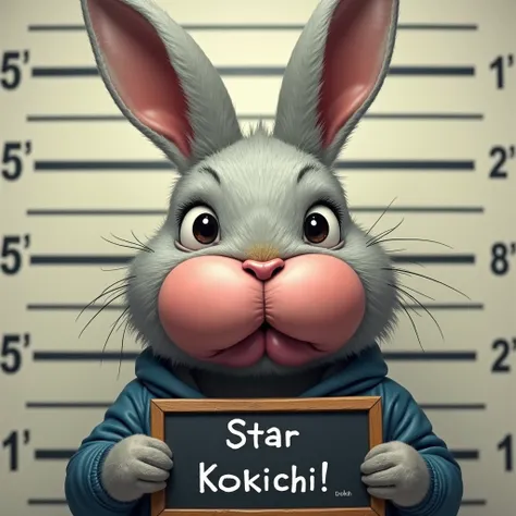 Uncle rabbit with really thick human lips, lips are closed, black eyeballs, and huge human nosetril. Realistic, mugshot with the horizontal lines at the back for height measurements, holding a sign that says "Star Kokichi"