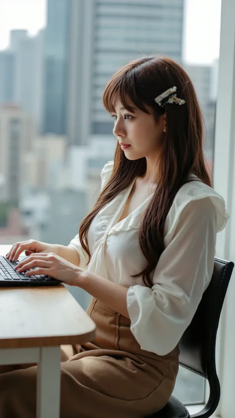 A woman in her 20s working at an office in Tokyo with a serious expression using a PC、I'm sitting on a chair and looking at the computer display、Keep your long hair together with hair clips、Wear a white blouse with ruffles、I'm wearing a tight beige long sk...