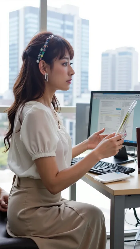 A woman in her 20s working at an office in Tokyo with a serious expression using a PC、I'm sitting on a chair and looking at the computer display、Keep your long hair together with hair clips、Wear a white blouse with ruffles、I'm wearing a tight beige long sk...