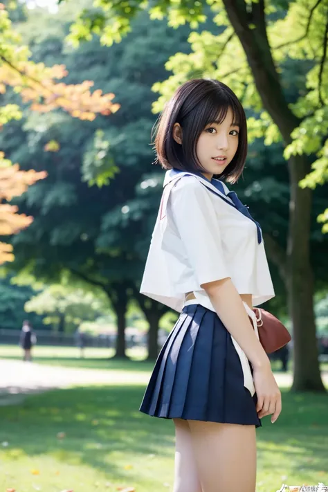 Japanese female college student with small breasts and dark hair and short hair、Open chest shirt and miniskirt、 in the park、nsfw:1.3