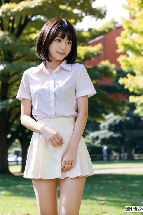 Japanese female college student with small breasts and dark hair and short hair、Open chest shirt and miniskirt、 in the park、nsfw:1.3