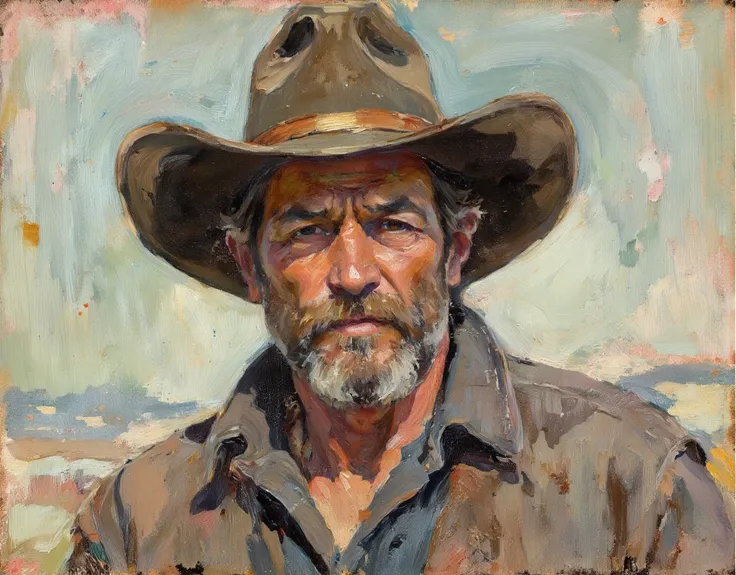 Create a bold and expressive portrait of a cowboy wearing a wide-brimmed hat that casts dramatic shadows over their face, evoking a sense of rugged mystery and confidence. Use thick, textured brushstrokes and a rich, layered color palette dominated by cool...