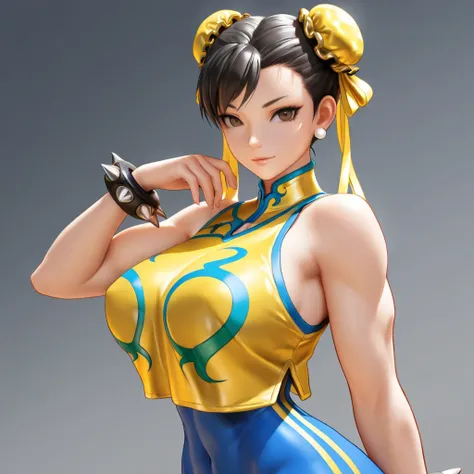 Create the Chun-li Character 1 ,  high resolution, breasts,  high resolution,  masterpiece,  Awarded multiple times , HD model, quality,  black hair, breasts grandes, With Yellow Clothes from Brazil,