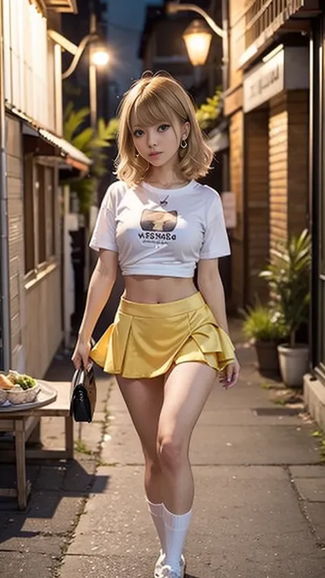 (((many layers:1.1-flare mini skirt)))、Micro T-shirt、(thigh-high socks)、 straight medium hair 、 blonde hair、 Natural Wave 、Medium breast、 skinny body、Earrings、 standing、 walking behind、Belly button peek、 random futuristic city background、 city lights 、stor...