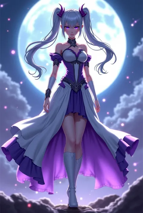 "4K anime style quality, digital drawing mode, a noble and powerful water mage with long silver hair tied in twin ponytails, fierce violet eyes, wearing a white and purple dress, standing on a battlefield under a glowing moon, full body, determined and ele...