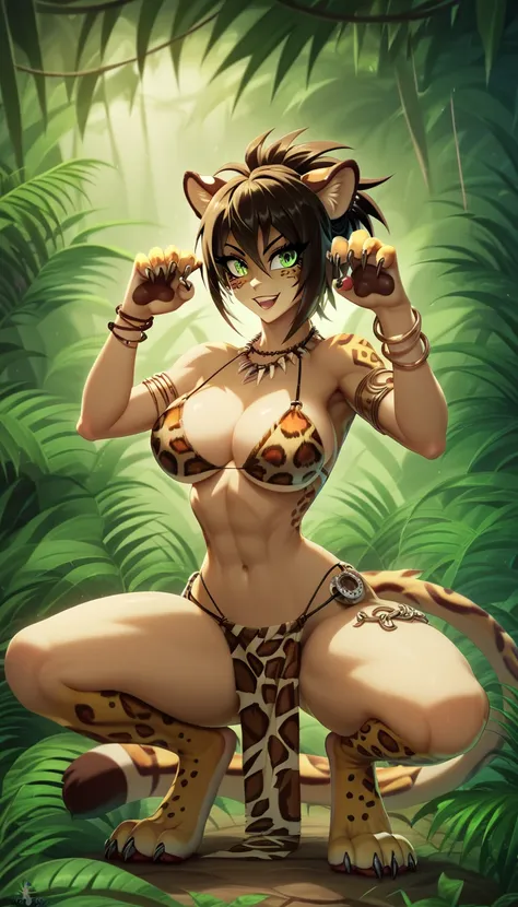 (1girl, leopard, Sheena), (extremely detailed CG unit 8k wallpaper),(master part), (best quality), (ultra detail), (best illustration),(Tsukasa Hojo style), cowboy shot, Paw pose, show Paws show claws, (Sharp eyeliner, ombre, detailed eyes:1), Jungle Of An...