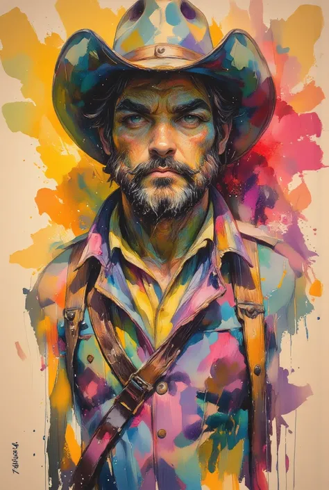 Create a bold and expressive portrait of a cowboy wearing a wide-brimmed hat that casts dramatic shadows over their face, evoking a sense of rugged mystery and confidence. Use thick, textured brushstrokes and a rich, layered color palette dominated by cool...