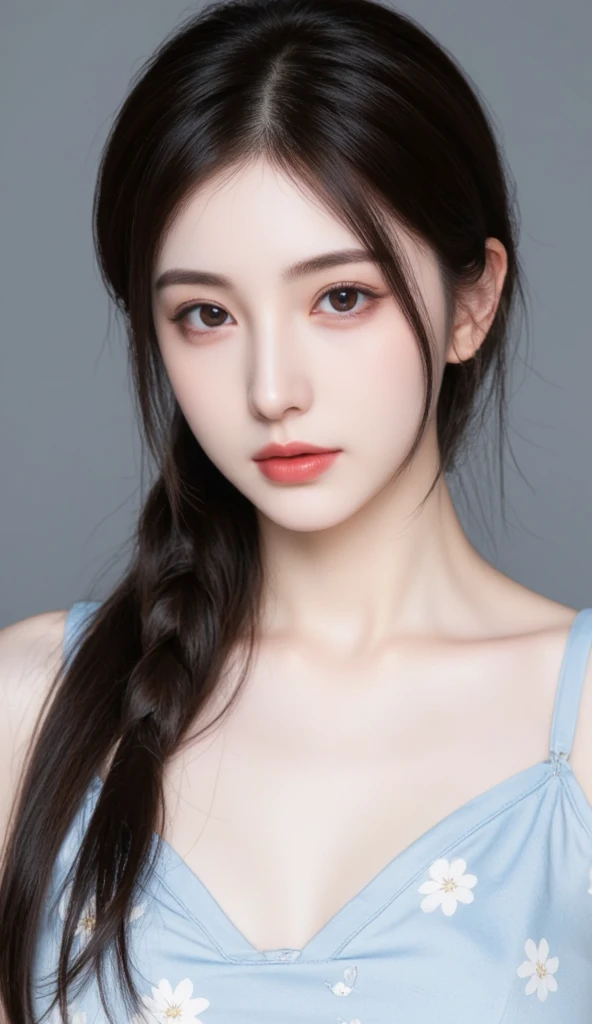 The image features a close-up portrait of a person with long, dark hair styled in a side braid. The individual has fair skin and is wearing subtle makeup that accentuates their eyes. They are dressed in what appears to be a light blue garment adorned with ...