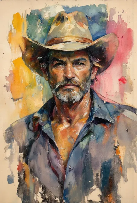 Create a bold and expressive portrait of a cowboy wearing a wide-brimmed hat that casts dramatic shadows over their face, evoking a sense of rugged mystery and confidence. Use thick, textured brushstrokes and a rich, layered color palette dominated by cool...