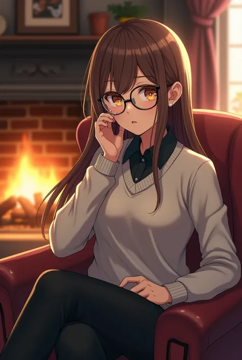 ( top quality,  best angle quality,  official art ,  full body,  and aesthetics :1.2) Scientist anime girl ,  golden eyes,  round lens glasses, long brown hair, white sweater, black shirt,  black pants , Sitting in an armchair next to a fireplace.