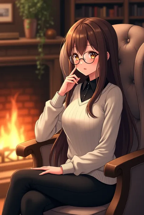 ( top quality,  best angle quality,  official art ,  full body,  and aesthetics :1.2) Scientist anime girl ,  golden eyes,  round lens glasses, long brown hair, white sweater, black shirt,  black pants , Sitting in an armchair next to a fireplace.