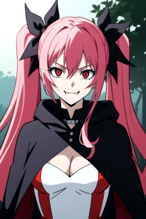 1girl, 18 years old, (looking at viewer), long cape, hooded cloak, hood ups, behind a tree, (body covered in blood, bloody:1.3),(fangs, closed mouth:1.3),
(red eyes), long pink hair,  ( mega twintails), (cleavage),  (hair ribbons:1),(wearing bodysuit pjs:1...