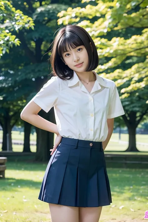 Japanese female college student with small breasts and dark hair and short hair、Open chest shirt and miniskirt、 in the park、nsfw:1.3