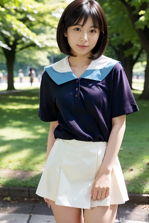 Japanese female college student with small breasts and dark hair and short hair、Open chest shirt and miniskirt、 in the park、nsfw:1.3