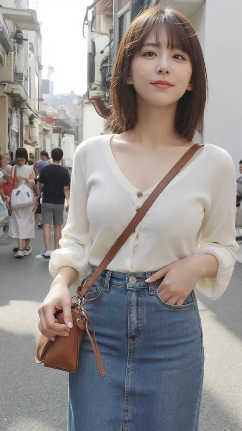  Smiling teenage girl walking through a street corner in Tokyo where many people come and go。I'm wearing a white v-neck sweater and a tight denim long skirt、 sneakers similar to Oko 。 with beautiful short black hair and tanned skin is looking at me with an...