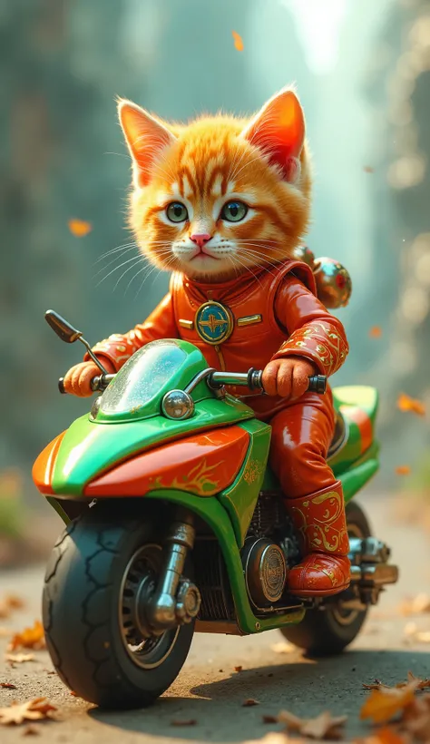 Kitten orange cat, dressed power ranger, riding a leafhopper shaped motor