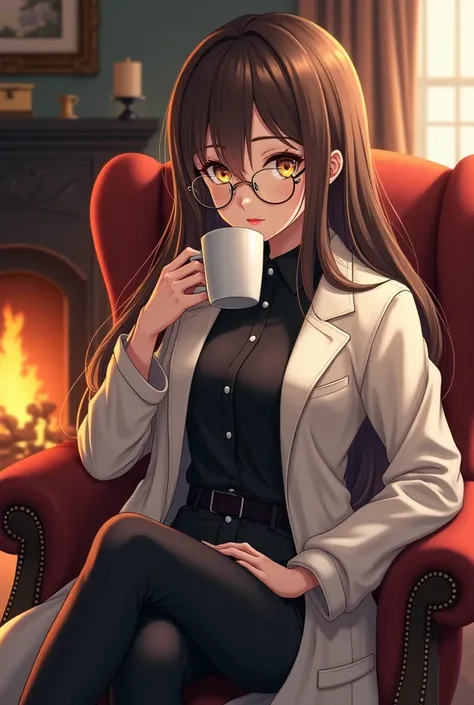 ( top quality,  best angle quality,  official art ,  full body,  and aesthetics :1.2) Scientist anime girl ,  golden eyes,  round lens glasses, long brown hair, white sweater, black shirt,  black pants , Sitting in an armchair next to a fireplace, Sipping ...