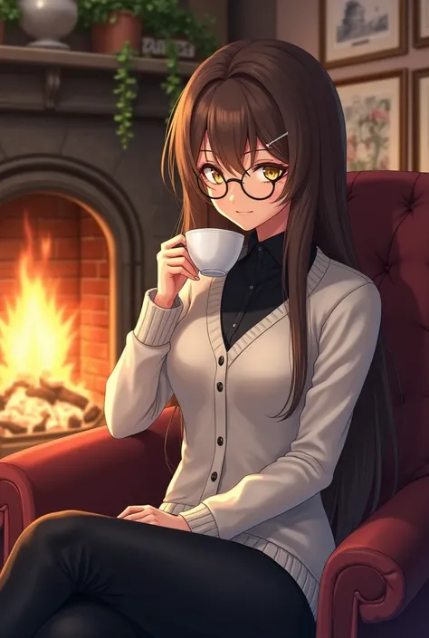 ( top quality,  best angle quality,  official art ,  full body,  and aesthetics :1.2) Scientist anime girl ,  golden eyes,  round lens glasses, long brown hair, white sweater, black shirt,  black pants , Sitting in an armchair next to a fireplace, Sipping ...