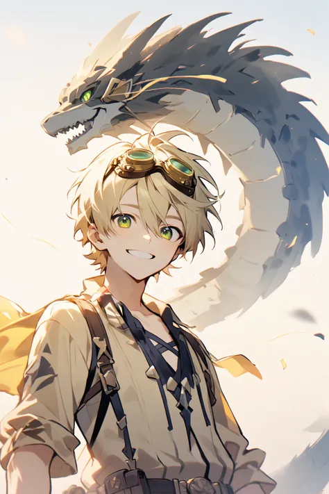 1 boy, male character, tall, wind goggles, yellowish beige hair, beige shirt, green eyes, smiling, dark blue robotic bipedal dragon in the back