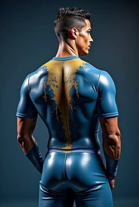 High-quality, muscular, and realistic Cristiano Ronaldo's full-body glossy blue-gold body paint、Ronaldo with slickback hairstyle poses for Bridge Gymnastics、 spread the crotch wide 、Attention from behind 、 light background 