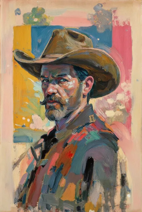 Create a bold and expressive portrait of a cowboy wearing a wide-brimmed hat that casts dramatic shadows over their face, evoking a sense of rugged mystery and confidence. Use thick, textured brushstrokes and a rich, layered color palette dominated by cool...