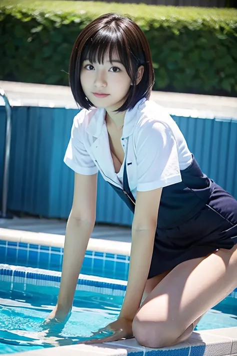 Japanese female college student with small breasts and dark hair and short hair、Open chest shirt and miniskirt、At the pool、nsfw:1.3