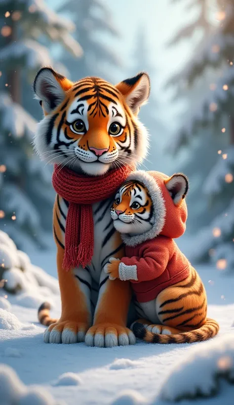 A majestic Bengal tiger and its adorable cub sitting together in a snowy forest. Both are wearing cozy winter clothes— the tiger wears a warm, knitted red scarf, while the cub has a small fluffy hoodie with white fur lining. Snowflakes gently fall around t...