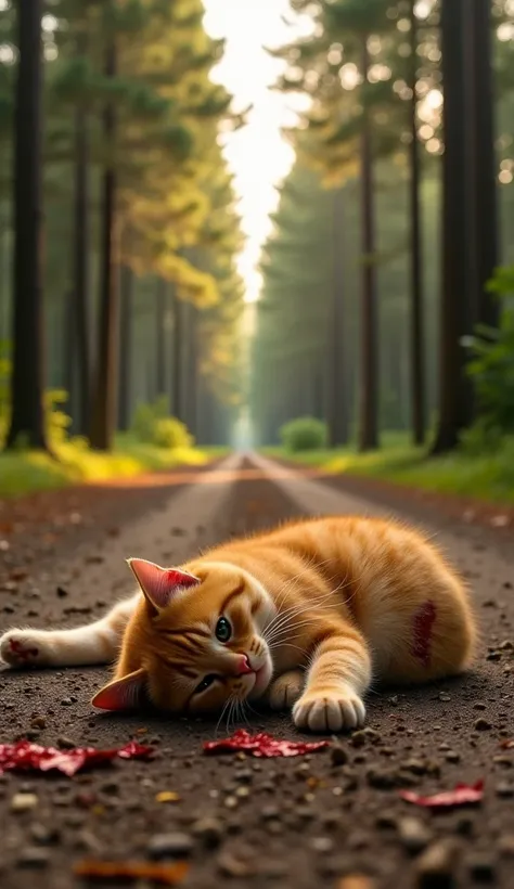 A hyper-realistic, cinematic scene on a dirt road in the middle of a dense forest. A fluffy orange cat lies motionless on the ground, its fur matted with blood from a fresh wound on its side. Its  is limp, eyes half-open, reflecting pain. The camera is pos...