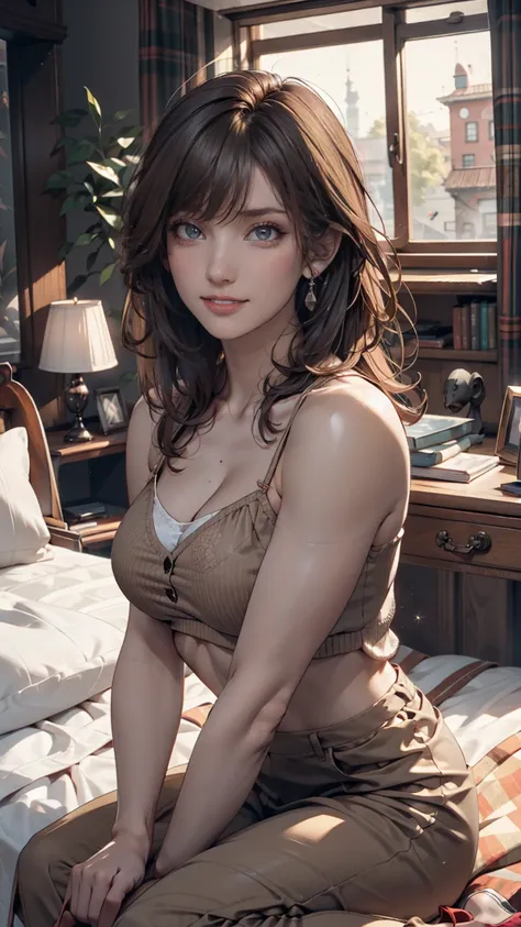  beauty, Hidden Face,  in the seat,  beauty: 1.3,  slim abs: 1.1,  Camisole Vest ,  long brown hair, ( sits on the bed),  super detailed face ,  very detailed lips,  Fine grain ,  double eyelids、slouch、Pinch your chest with your upper arm to highlight crac...