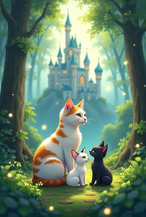 Anime of A white cat with brown stripes in a forest with its little ren babies one color white with black and another color black and that they are in a forest with a castle in the background 