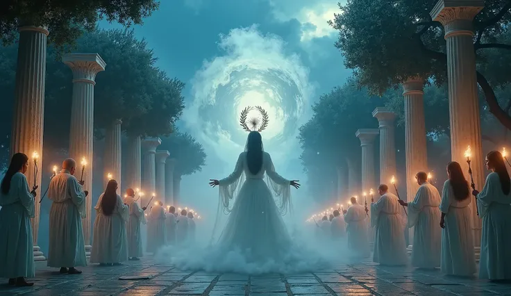 Surreal and ethereal representation of the Eleusinian Mysteries initiation ritual. Visualize a dreamlike landscape with ancient Greek columns and olive groves bathed in moonlight. Figures in flowing white robes are participating in a procession, carrying t...