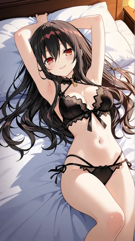 An anime-style illustration of Kurumi Tokisaki from the Date a Live, lying in a luxurious bedroom while wearing stylish black lingerie. She exudes a mischievous charm, her lips slightly tilted. Her arms are raised behind her head to show off her underarms....