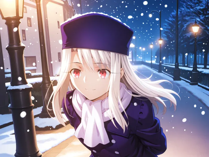 1girl, solo, Illyasviel von Einzbern, fate stay night, blue coats, blue hat,  smile,  walks at night in the park, hands behind his back, lamppost, It's winter, it's snowing, white scarf 